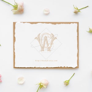 May include: A monogram logo design featuring the letters "W" and "A" in a decorative, ornate font. The letters are enclosed in a diamond shape and are set against a white background. The logo is printed on a textured, off-white card with a brown border. The text "http://bees9jh.etsy.com" is printed below the logo.