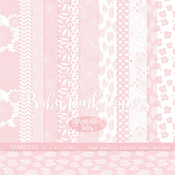 Baby Pink Floral Digital Papers, Blush Baby Pink Pack, Seamless files, Baby Girl, Polka Dots Chevron Leaves Hand Drawn, Pale Pink Flowers