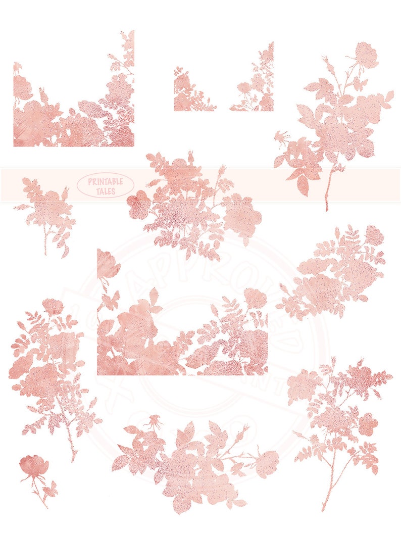 Glitter card decoration wedding invitation Rose Gold Clipart Floral Silhouettes blush pink shimmering flower shapes RG01 Branche overlays