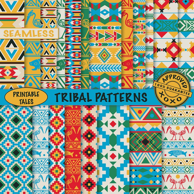 Matching Clipart Available Tribal Digital Papers African Aztec Native American Boy Scrapbook Pages Seamless Birds Fish Commercial use