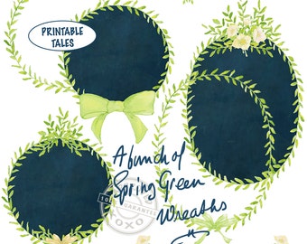 Watercolor Wreaths Spring Green, Laurel Leaf Frame, Chalkboard Frames Clipart, Hand painted Greenery Leaves, Bows, Floral Grass-land border