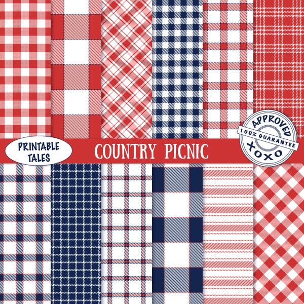 Papiers numériques Country Picnic - Texture en tissu Gingham rouge - Rayures - Scrapbook Paper - Blue Checkered Pattern - Red Striped Pattern