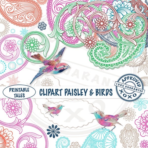 Paisley Birds Clipart - welsh pears  Clip Art - boteh buta - Turquoise Peach Beige Blue Pink - Matching papers available - Planner