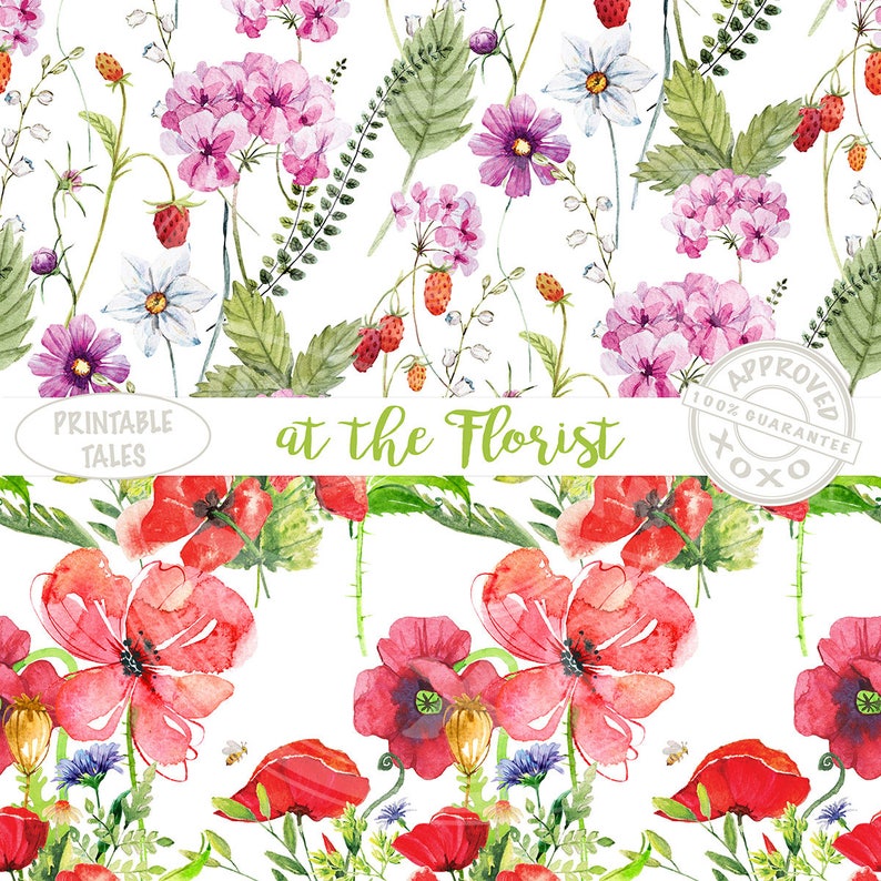 Aquarel Bloemen Digitaal Papier, Naadloze Floral Papers, poppy, iris, roos, paardebloem, boterbloem, hyacint, passiebloem Blooming Pages image 3