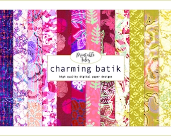 Batik Digital Paper, Indian-Asian designed download in charming colors, easy mix and match, for planner covers, scrapbook projects and more
