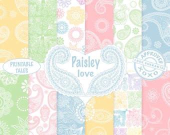 Paisley digital papers, Scrapbook Pages, Baby Pink Yellow Blue Green, Floral paper, Welsh Pears pattern, Indian Mehndi page, Commercial Use