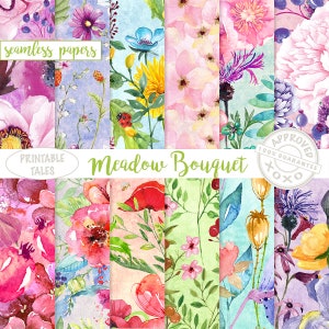 Watercolor Meadow Flowers Digital Paper, Tileable Floral files, Seamless grungy background, field flowers poppies dandelions  Blooming Pages