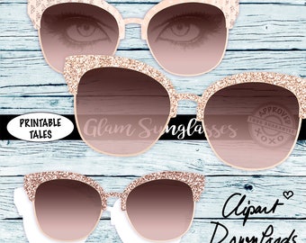 Rose Gold Sunglasses, Clipart Glam Glasses with eyes, transparent glasses, Marble, Brushed Metallic, Glitter, Leather, shiny Textile, RG01