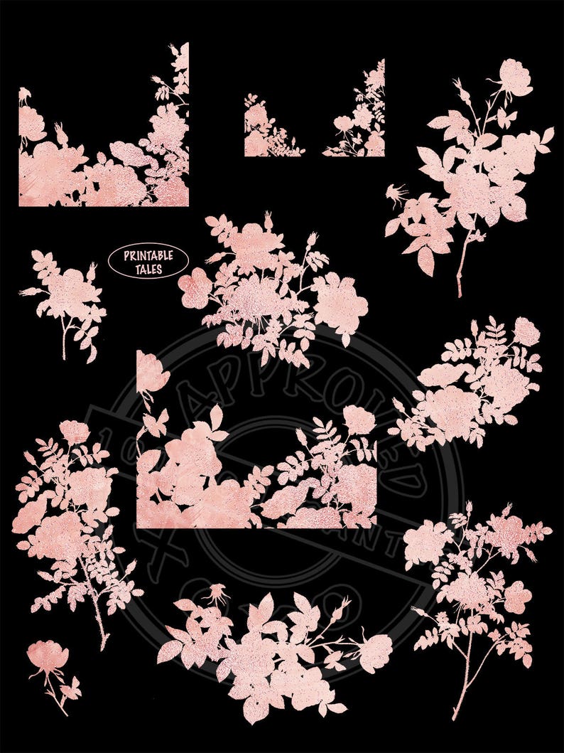 Glitter card decoration wedding invitation Rose Gold Clipart Floral Silhouettes blush pink shimmering flower shapes RG01 Branche overlays