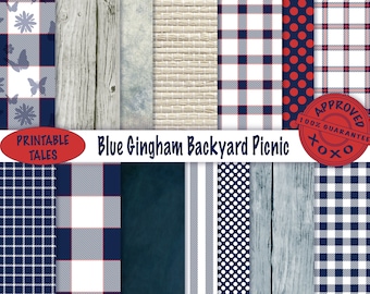 Blue Gingham Backyard Picnic Digital Papers Checkered Texture Old Wood Wicker Stripes Polka Dots - Scrapbook papers  Country Picnic