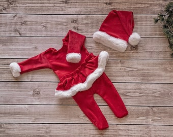 Newborn Santa Claus Set, Photography Prop, Newborn Photo Prop, Long Tail Hat,