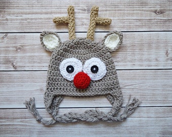 Crochet reindeer Hat, Newborn reindeer hat, Baby reindeer hat, Ecru reindeer hat