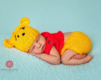 Newborn knit Winnie the Pooh set, Newborn Winnie the Pooh outfit, baby winnie the pooh outfit,