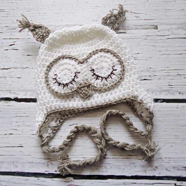 Crochet Owl Hat, Newborn Owl hat, Baby Owl hat, White owl hat