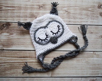 Crochet Owl Hat, Newborn Owl hat, Baby Owl hat, White owl hat