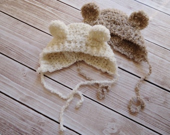 Newborn Bonnet- Newborn Photo Prop- Baby Accessory - Crochet Hat- Curly Bear Bonnet- Hand Knit Bonnet- Photography Prop