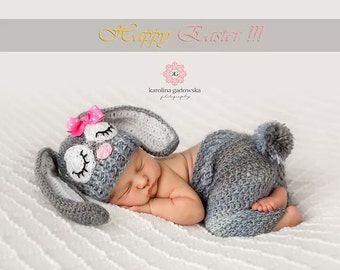 Bunny Set- Floppy Ears- in gray - hat and pants with tail