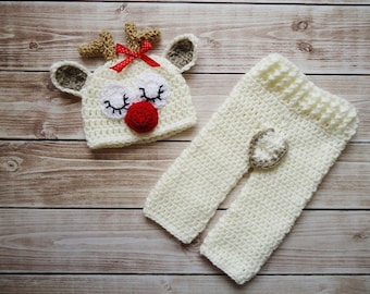 Crochet reindeer Set, Newborn reindeer hat, Baby reindeer hat, Ecru reindeer hat