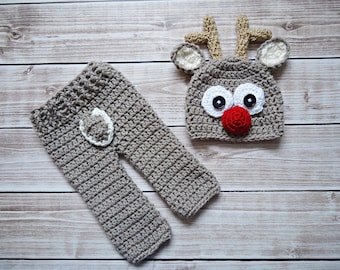 Crochet reindeer Set, Newborn reindeer hat, Baby reindeer hat, Ecru reindeer hat