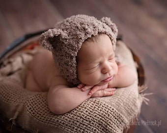 Newborn Bonnet- Newborn Photo Prop- Baby Accessory - Crochet Hat- Curly Bear Bonnet- Hand Knit Bonnet- Photography Prop