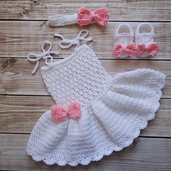 Baby Dress + headband + booties, Baby Girl Dress, Newborn Dress Photo Prop, Baby CROCHET Dress, Girl Dress,