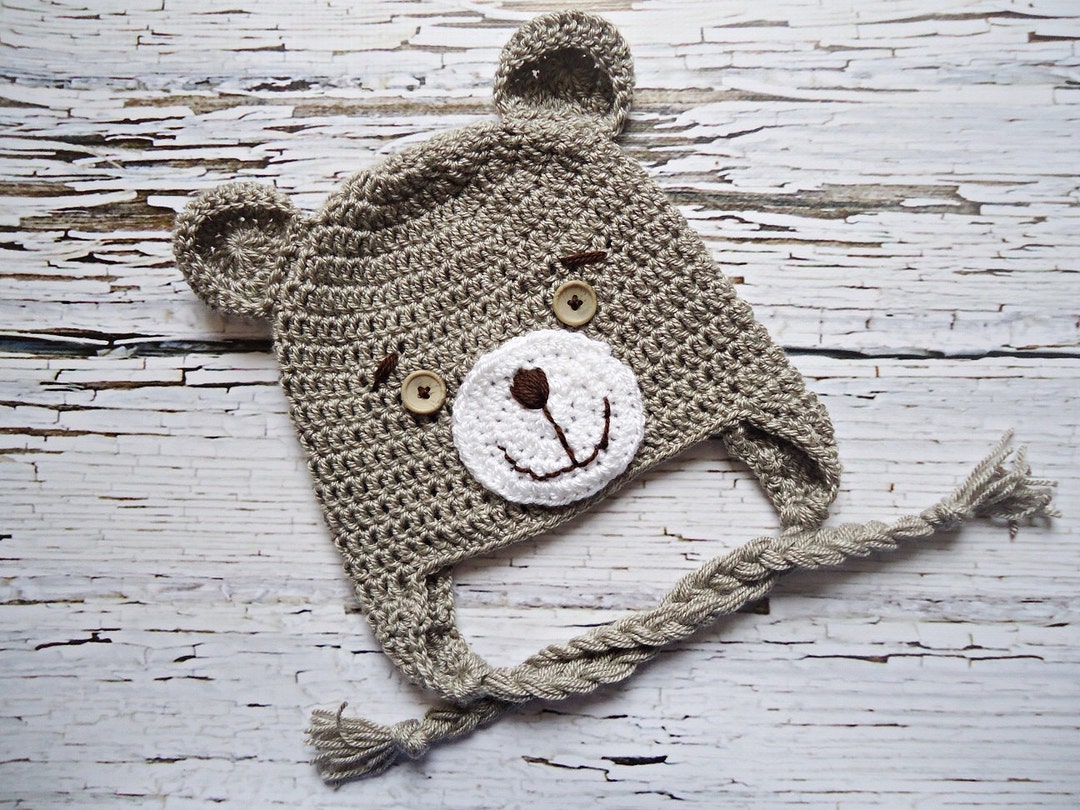 Crochet Teddy Bear Hat, Newborn Bear Hat, Baby Teddy Bear Hat, Beige