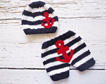 knit Hat and Diaper covering with ANCHOR, Set Baby Hat and Diaper Covering - anchor