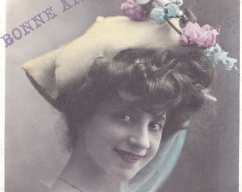 Vintage French Romantic Woman Postcard . Romantic woman post card.