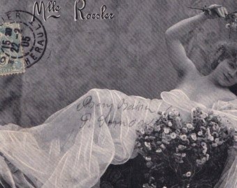 Vintage French Romantic Woman Postcard . Romantic woman post card.
