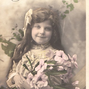 Vintage Romantic Children french postcard . Young girl with umbrella.
