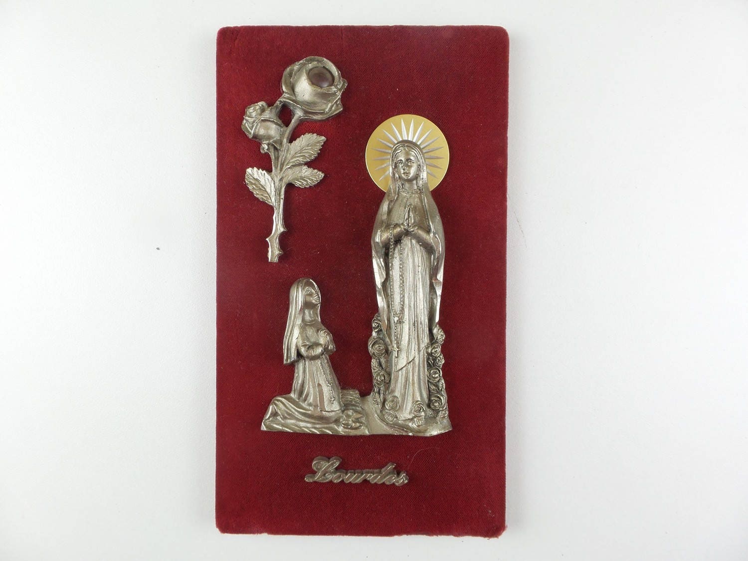 French Vintage Lourdes Apparition Plaque Souvenir Figurine With Our Lady Of & Bernadette.