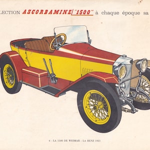 Antique engraving of a 1920s car advertisement.