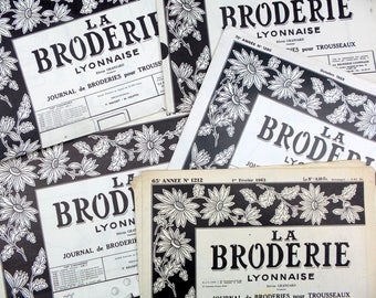 Collection of 4 vintage French embroidery pattern journal 60s "La Broderie Lyonnaise". trousseau ,alphabets, embroidery designs.