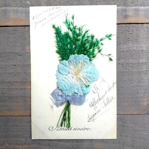 Antique french friendship postcard with embossed fabric . image 1