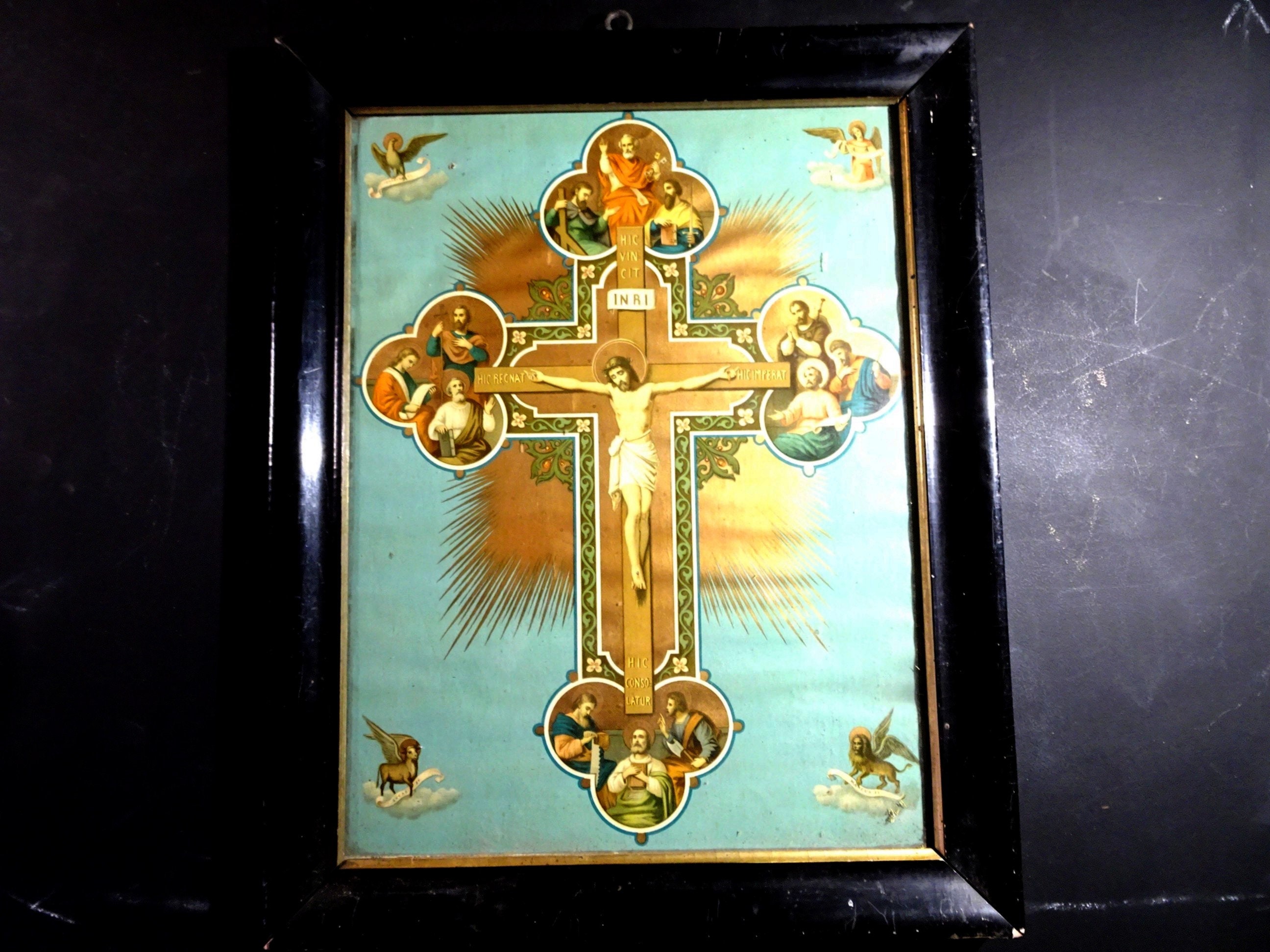 Gorgeous Antique Holy Cross Framed Picture. Religious Wall Decor.