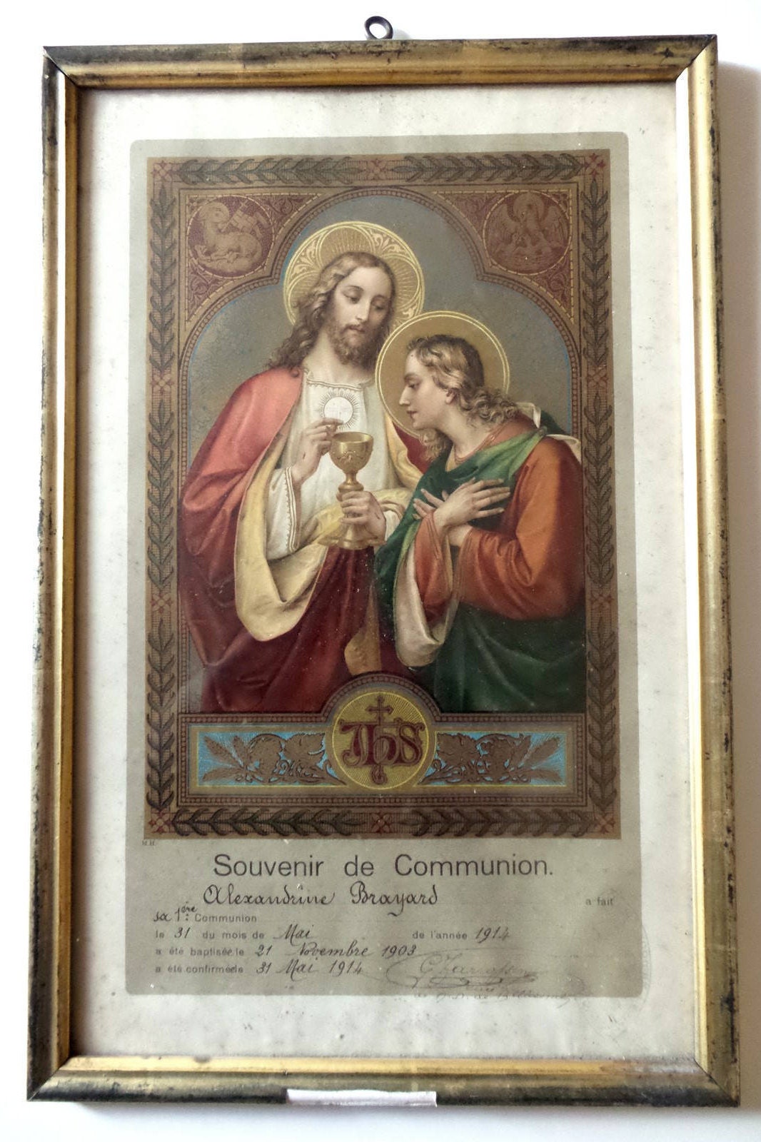 Large 1914 Antique French Reliquary. First Communion Souvenir. Framed Religious Certificate. Lithogr