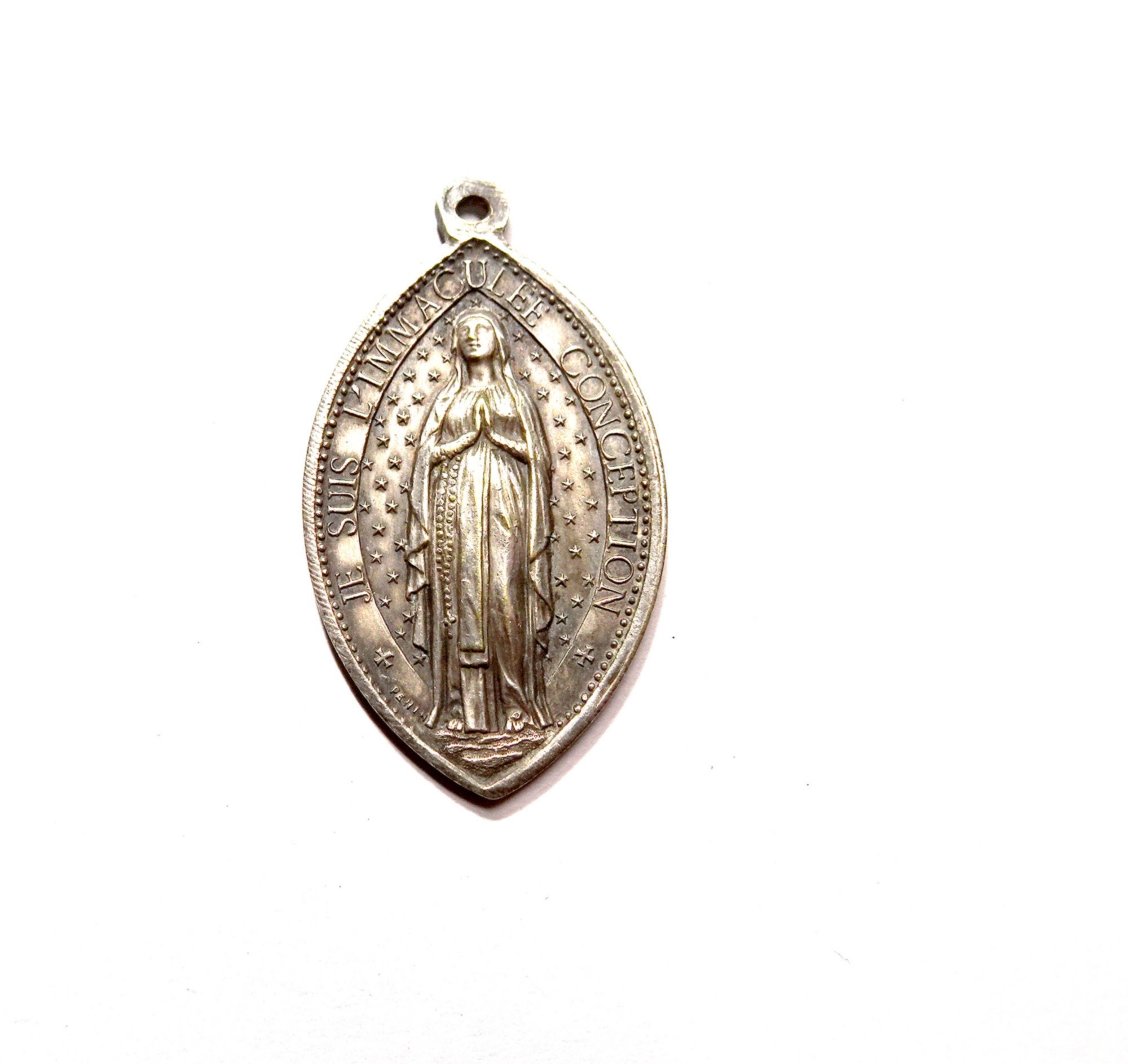 Vintage French Virgin Mary Medal. Religious Necklace Medal.