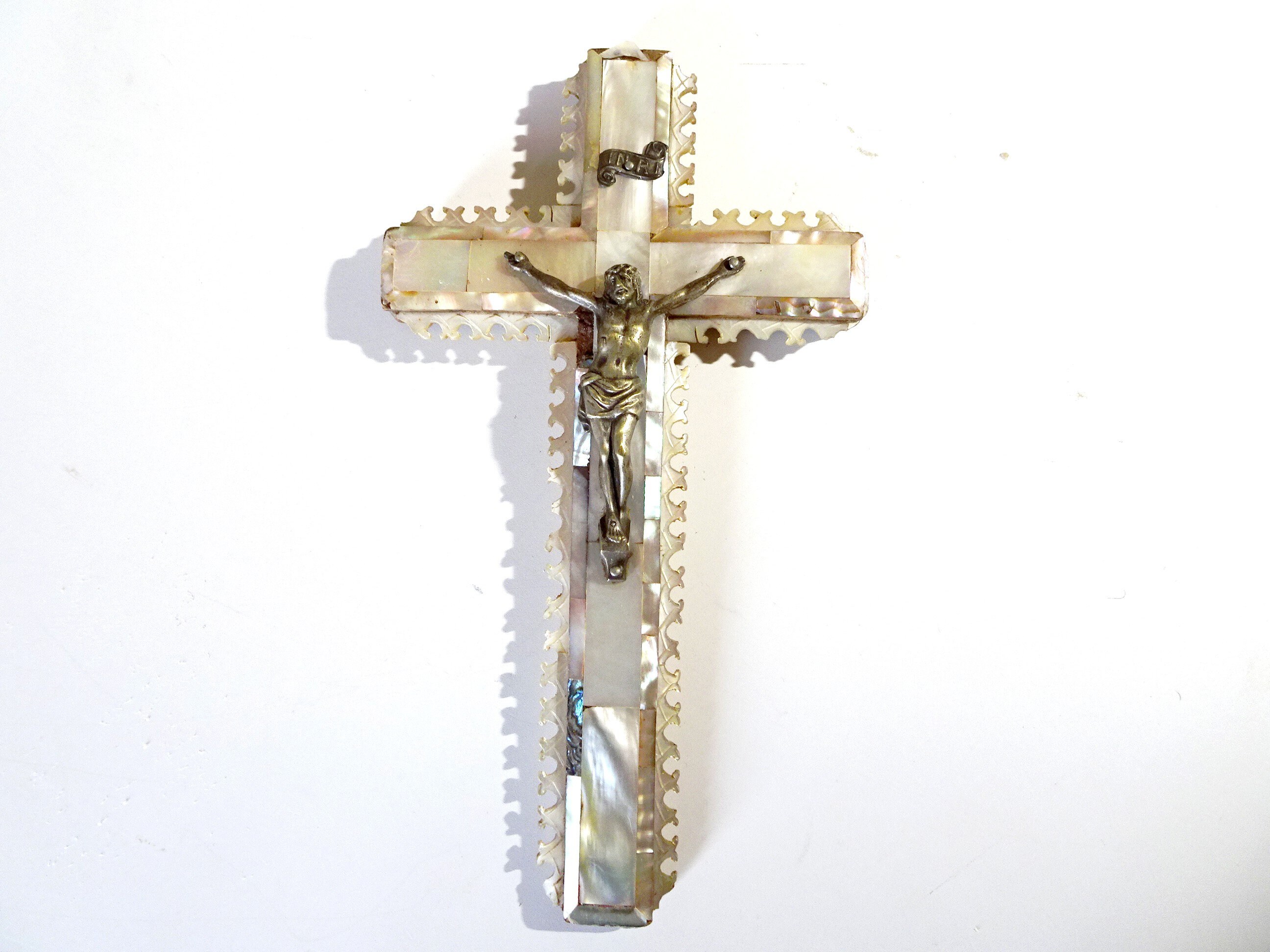 Antique Mother Of Pearl Crucifix From Jerusalem. Cross Pendant.