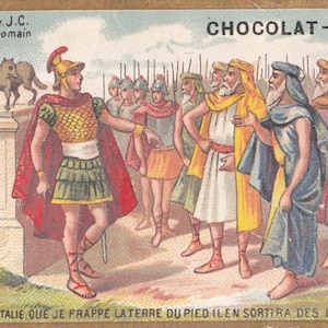 Peut inclure: Une illustration vintage d'un général romain, Pompée, debout devant ses troupes. L'image provient d'un emballage de chocolat et comprend le texte "CHOCOLAT-LOUIT" et "Edité pour le CHOCOLAT LOUIT".