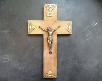 Antique Large   16" X  9.5 "   1950s wall crucifix, Jesus Christ on the cross, brass and wood French religious cross, religious wall decor