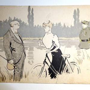 Ilustración humorística francesa vintage de 1904. Decoración de pared. Ilustración firmada.
