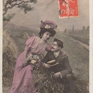 Vintage French Romantic lovers post card .Couple postcard.Belle epoque postcard.