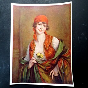 Ilustración original de impresión francesa antigua de la década de 1900. Ilustración numerada.  Mujer Gitana.