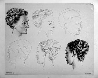 Vintage Original drawing portrait print.  Learn to draw Print . The ART of Drawing 1950. Art print.  Fine art. Vintage portrait.