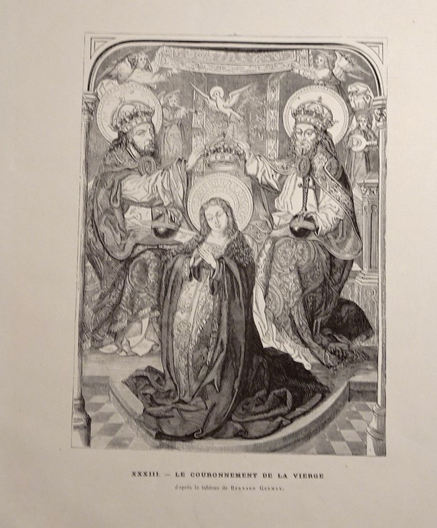 The Crowning Of The Virgin. Large Antique 1855 French Religious Illustration Plate From The Marvels