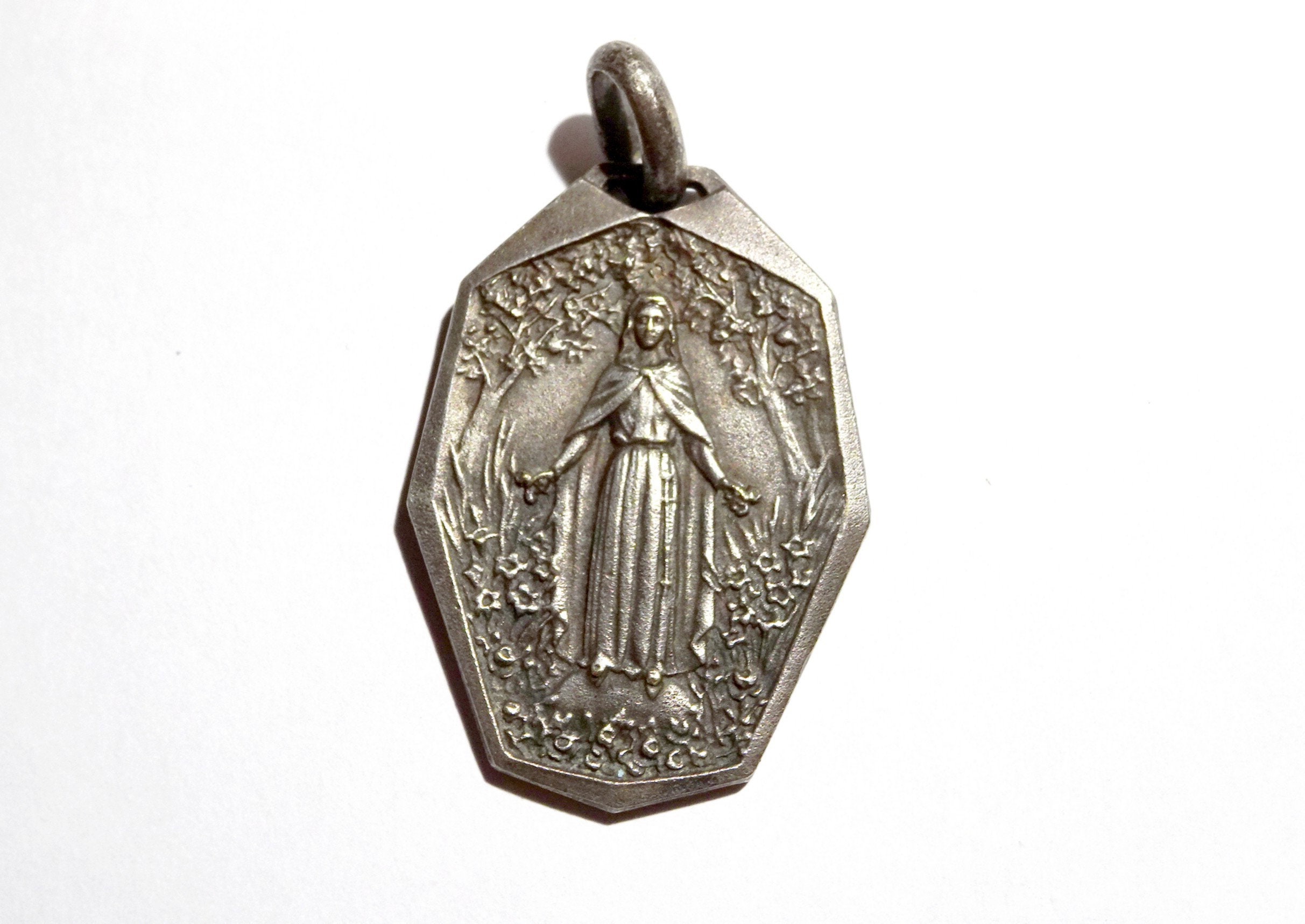 Vintage French Virgin Mary Medal & St Vincent de Paul. Religious Necklace Medal.