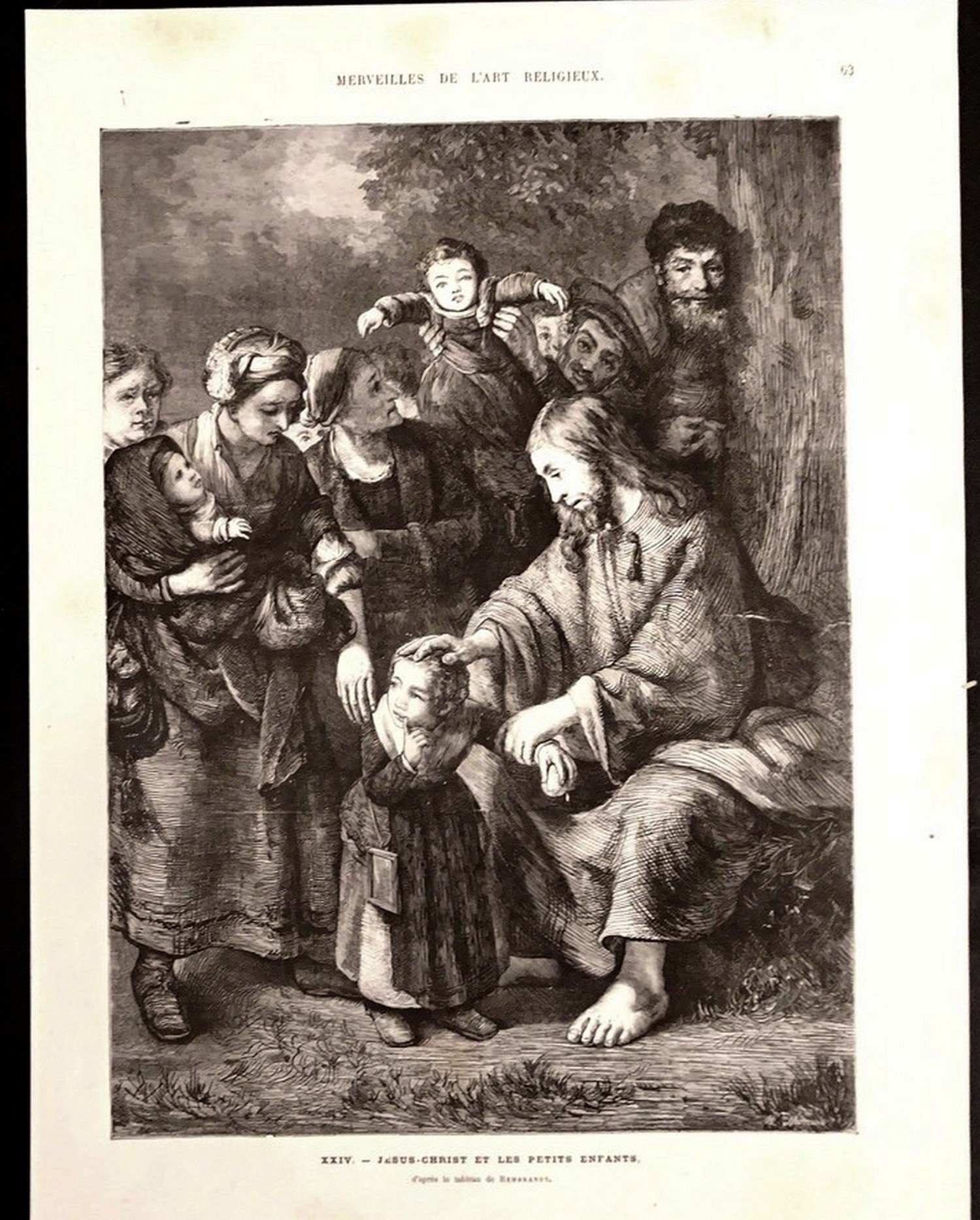 Jesus-Christ & The Little Children. Large Antique 1855 French Religious Print. The Marvels Of Religi
