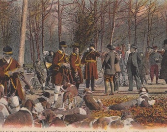 Art reproduction vintage post card. Hunting with hounds in Fontainebleau.