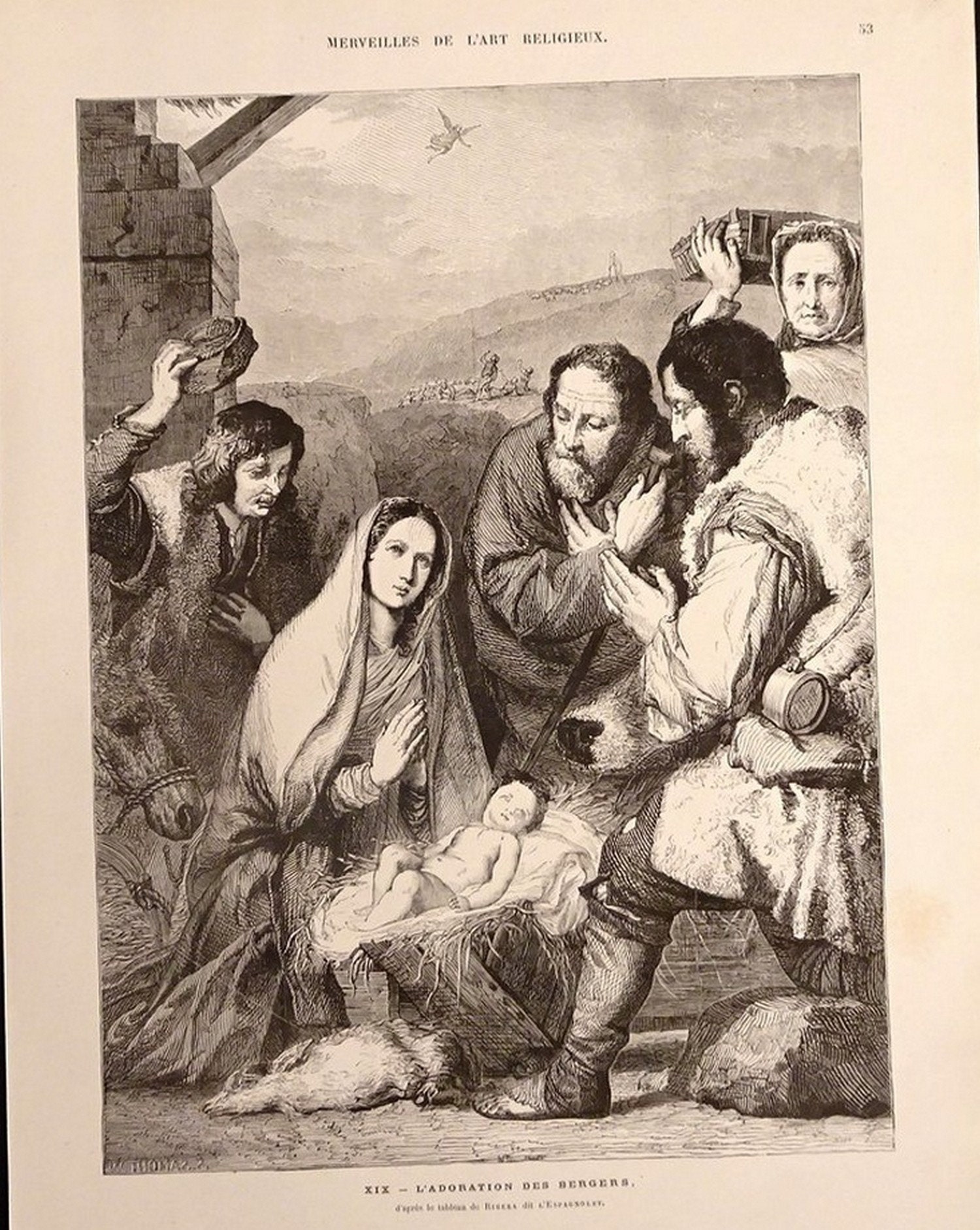 The Adoration Of The Shepherds. Large Antique 1855 French Religious Print. The Marvels Religious Art