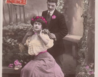 Postkarte von Jahrgang Französisch romantische Liebhaber. Paar-Postkarte. Belle Epoque-Postkarte